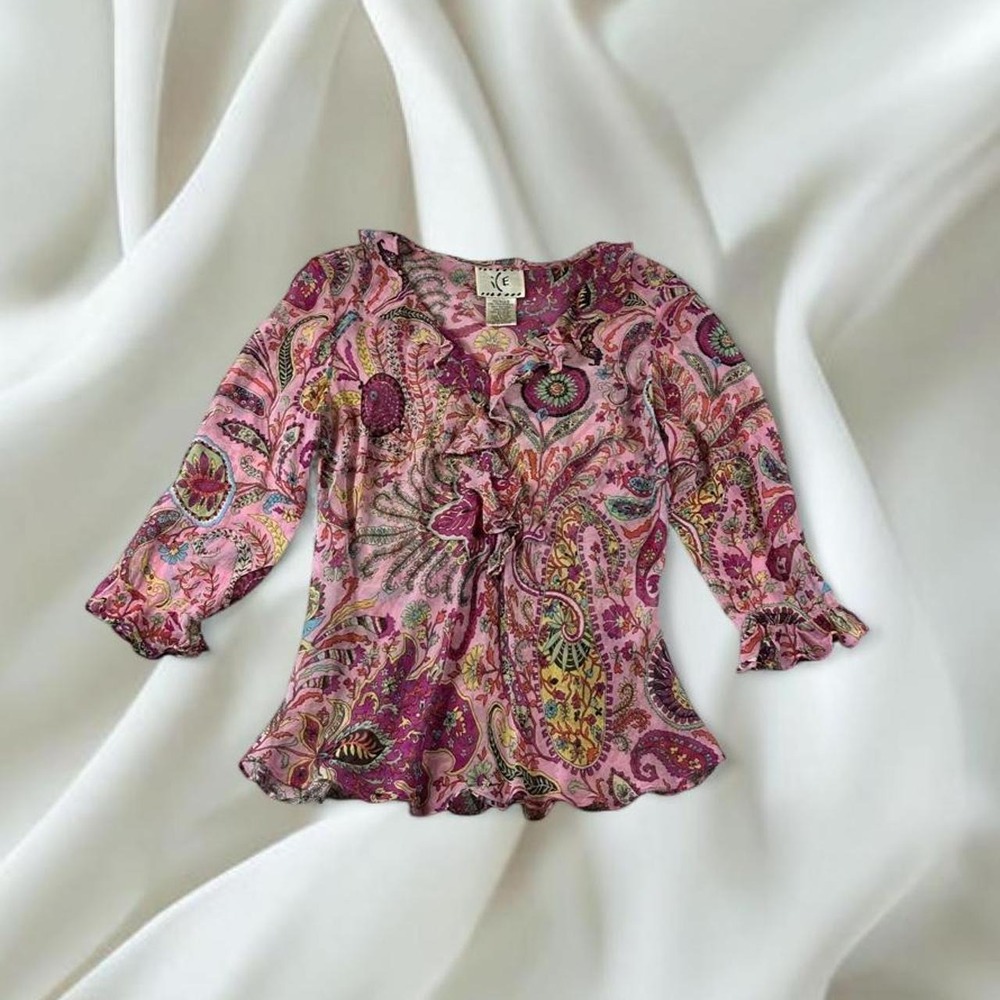 ICE 100% silk pink floral paisley ruffle babydoll top 3/4 sleeves y2k fairy